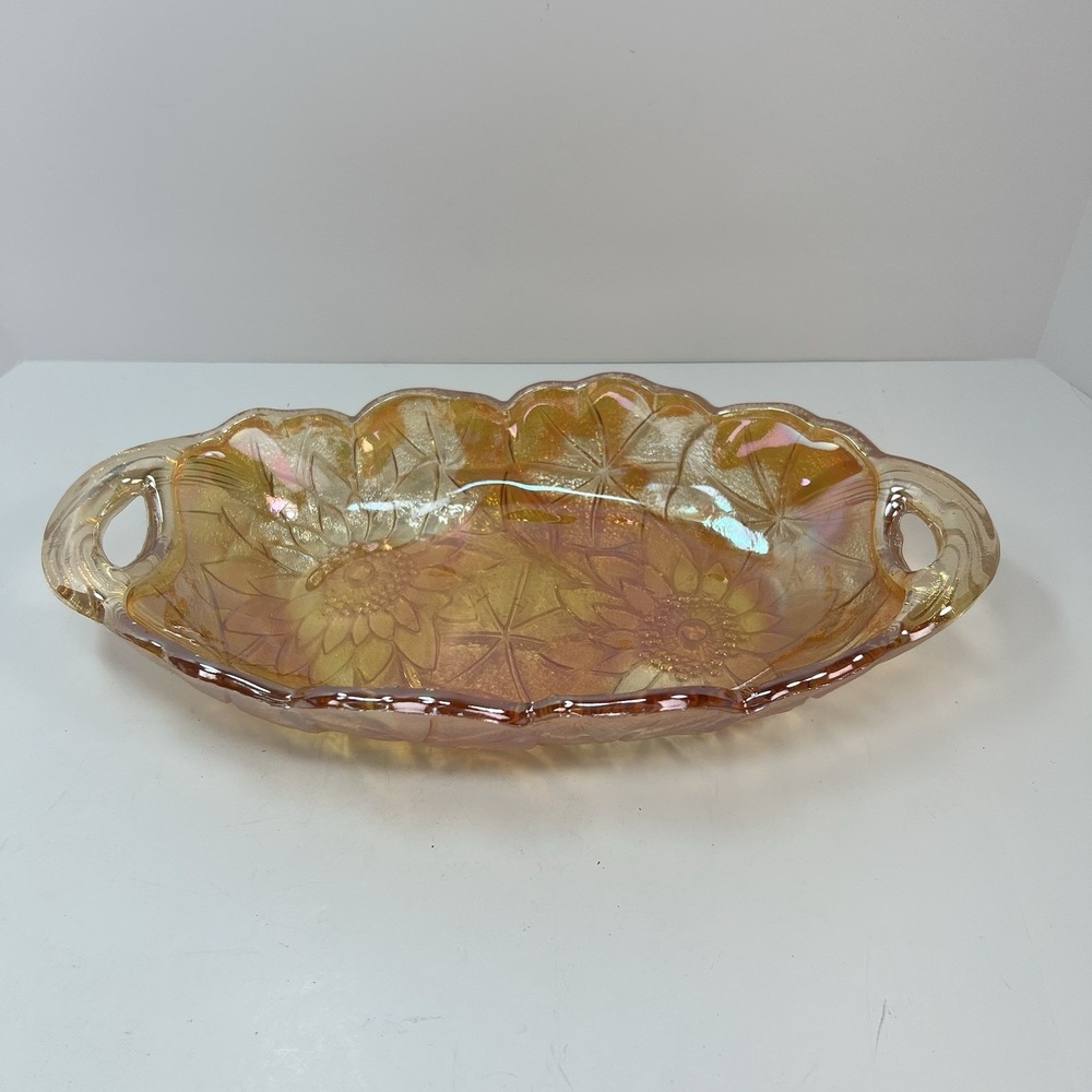 Indiana Glass Co. Carnival Glass Relish Dish 9.5in Marigold Excellent Sunflower
